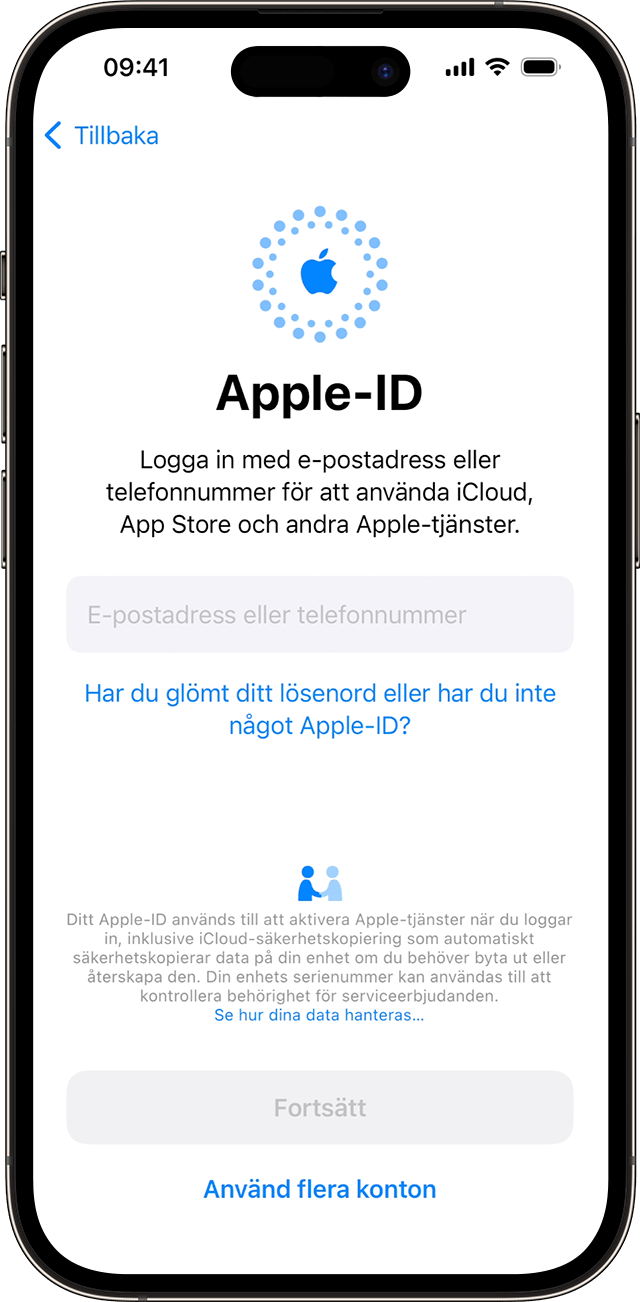 Använd din e-postadress eller ditt telefonnummer för att logga in med ditt Apple-ID under iPhone-installationsprocessen i iOS 17.