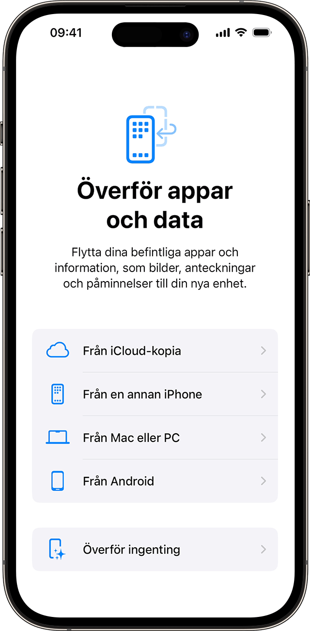 Alternativen för Överför dina appar och data när du konfigurerar en iPhone i iOS 17