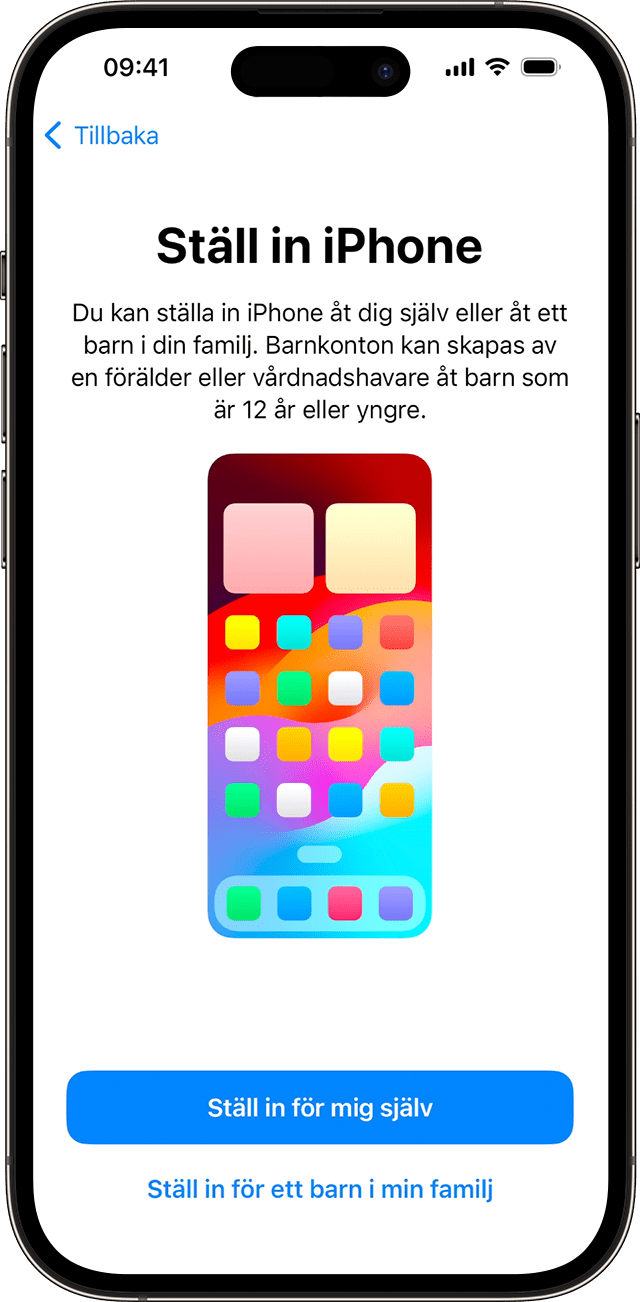 Under iPhone-installationsprocessen i iOS 17 kan du välja om den nya telefonen ska användas av dig eller av ett barn i din familj.