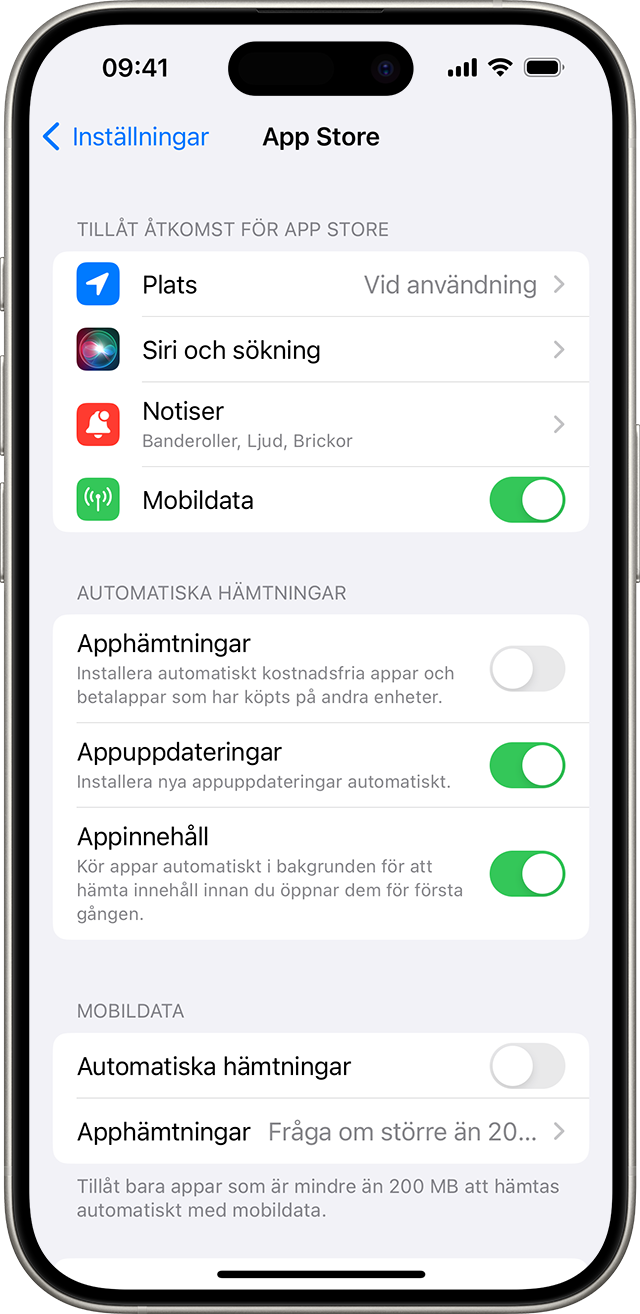 En iPhone som visar App Store-alternativ i Inställningar, inklusive Appuppdateringar.