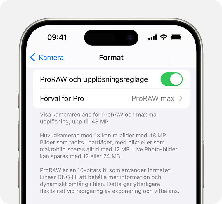 I iOS 17 kan du ställa in din ProRAW-upplösning på antingen 12 MP eller 48 MP.