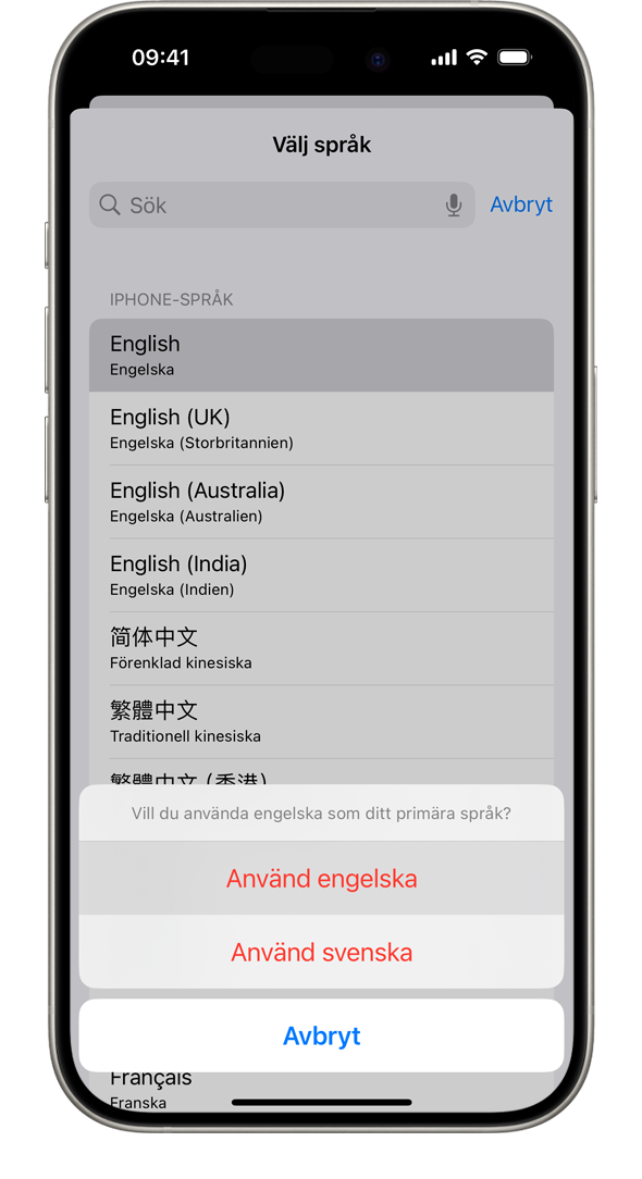 En iPhone som visar meddelandet ”Vill du använda franska som ditt primära språk?” Alternativen som visas är Använd franska, Använd engelska (Amerikansk) och Avbryt.