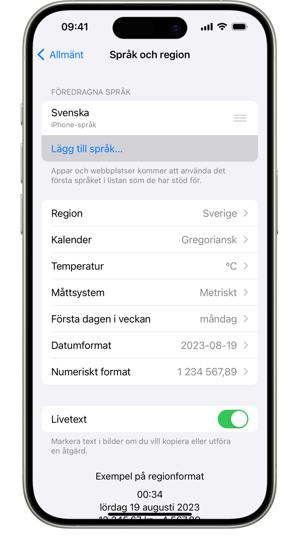 En iPhone som visar menyn Språk och region, med Lägg till språk markerat.