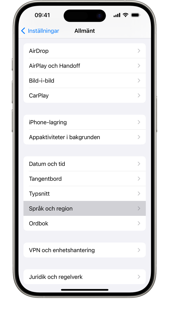 En iPhone som visar inställningsmenyn Allmänt, med alternativet Språk och region markerat.