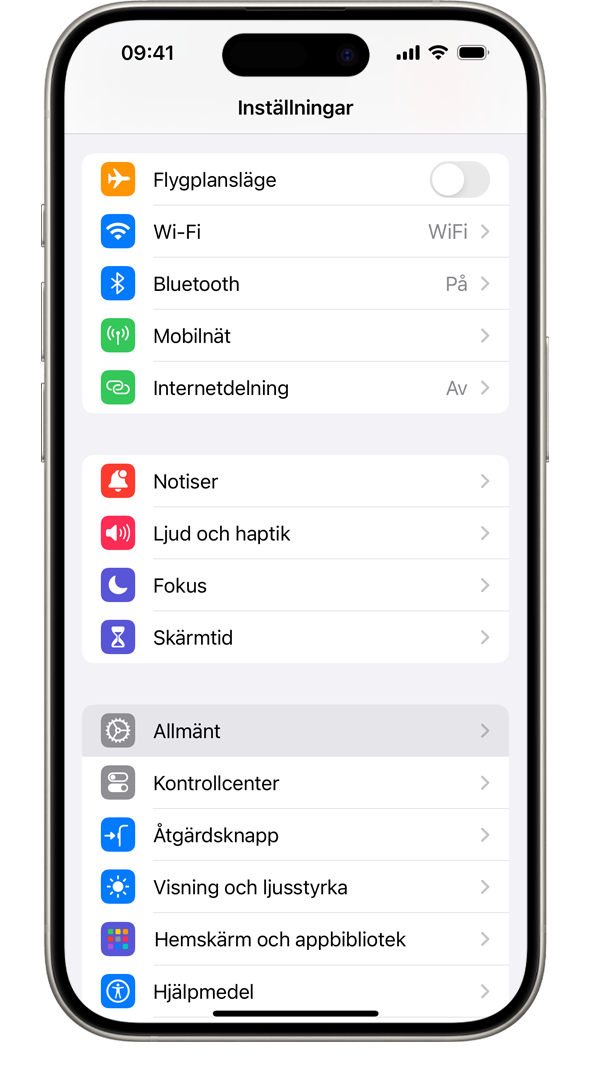 En iPhone som visar appen Inställningar med alternativet Allmänt markerat, under Skärmtid.