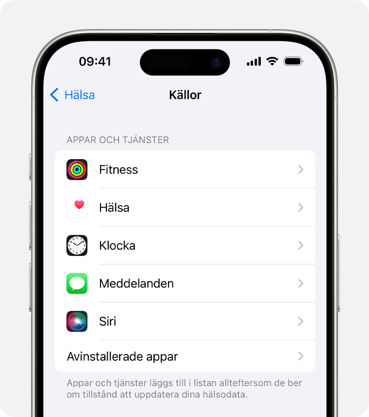 Tryck på Siri i inställningarna för Hälsa på din iPhone för att aktivera eller inaktivera Siris åtkomst till data i appen Hälsa.