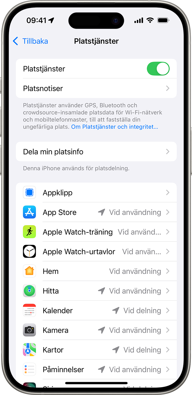 Inställningar för Platstjänster på iPhone