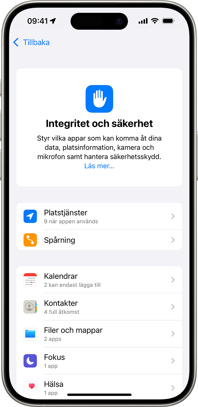 Skärm för integritets- och säkerhetsinställningar på iPhone