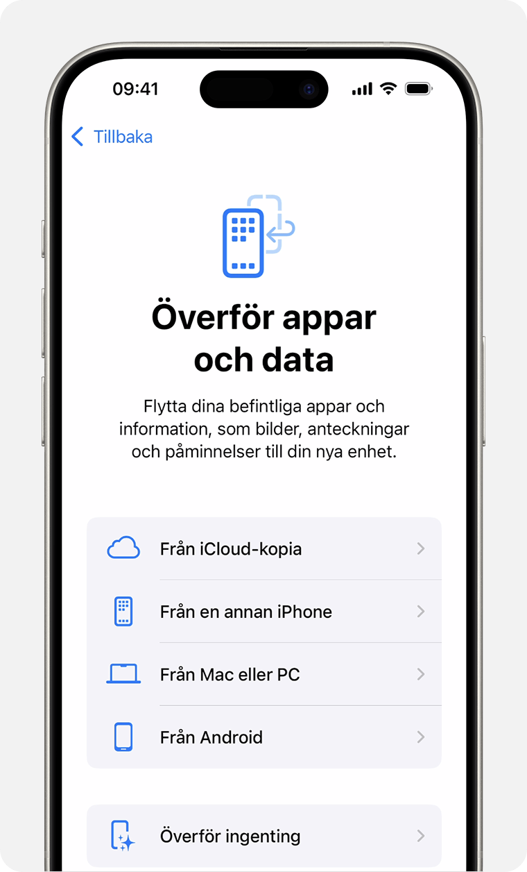 En iPhone som visar alternativen för att överföra appar och data