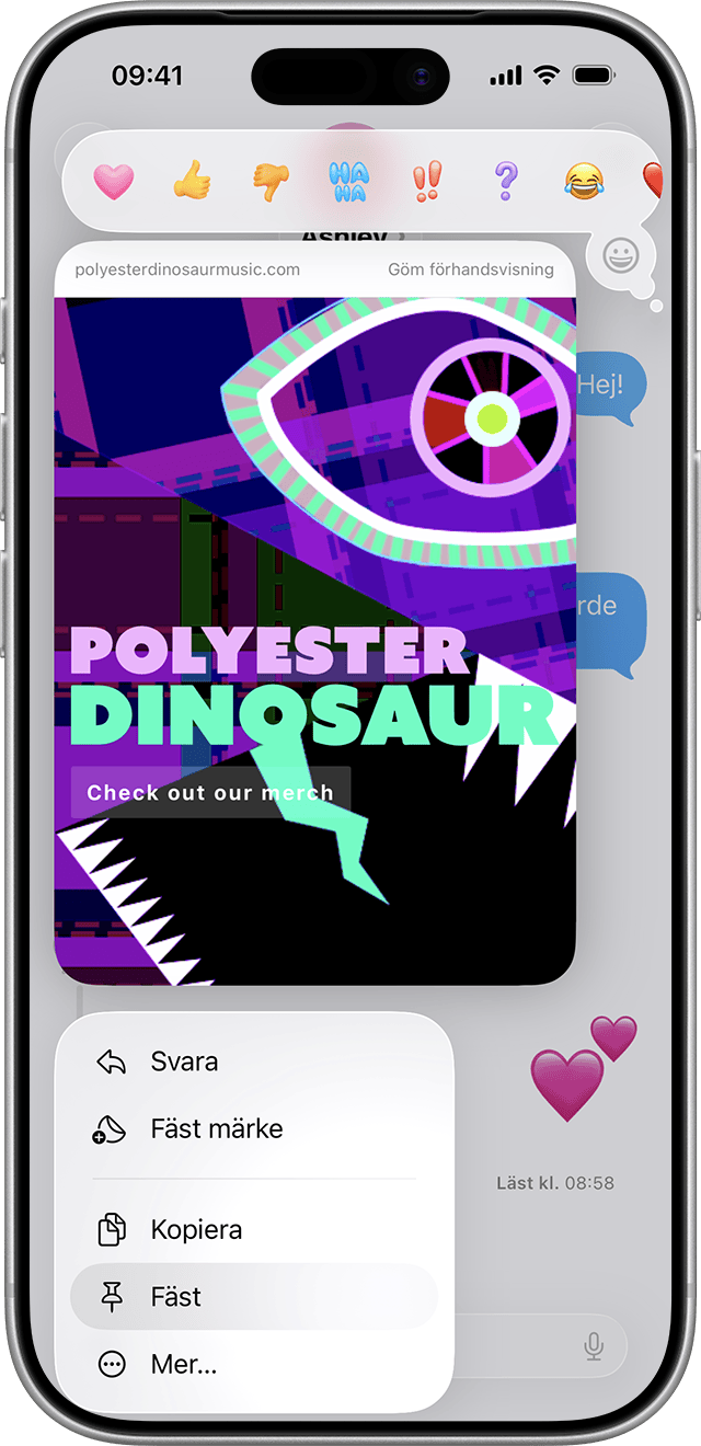 En iPhone som visar alternativet för att fästa innehåll