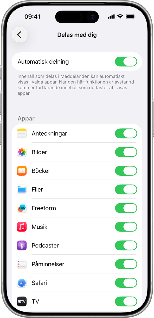 En iPhone som visar alternativen för att anpassa det delade innehållet som du ser i motsvarande appar