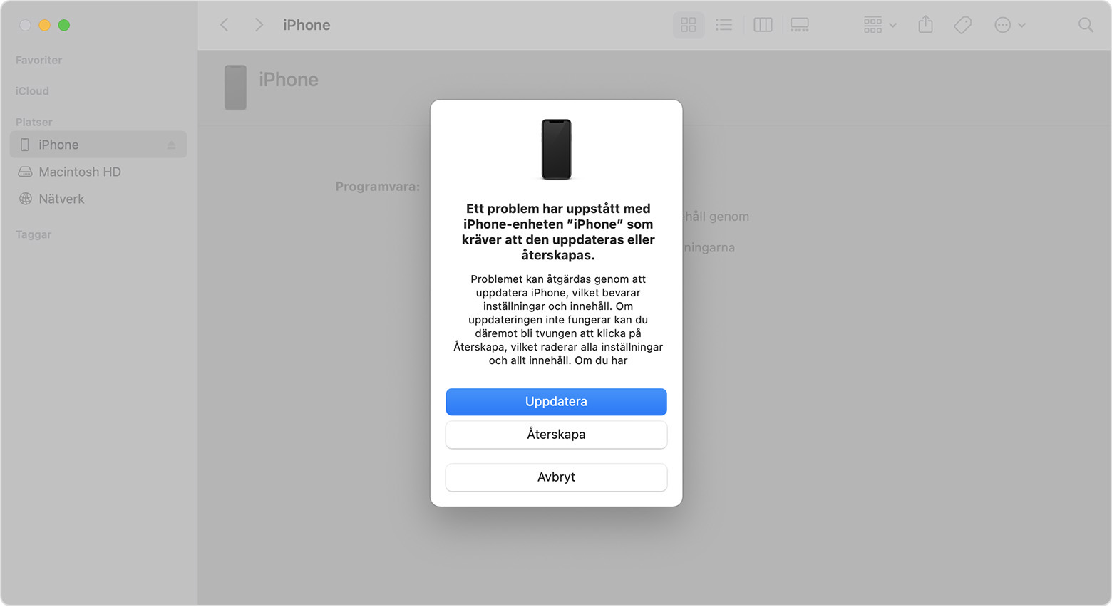 Ett Finder-fönster på en Mac som visar alternativ för att återskapa eller uppdatera din iPhone