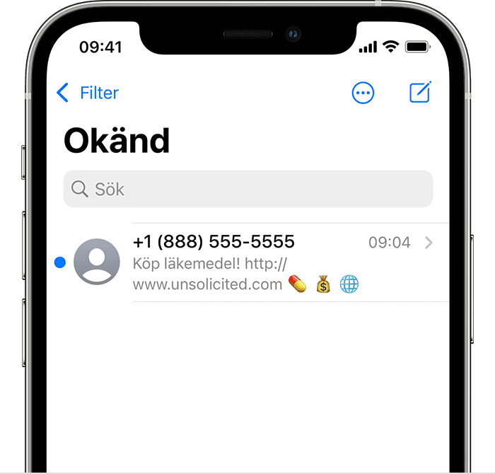 En iPhone som visar var meddelanden som filtrerats från okända avsändare visas
