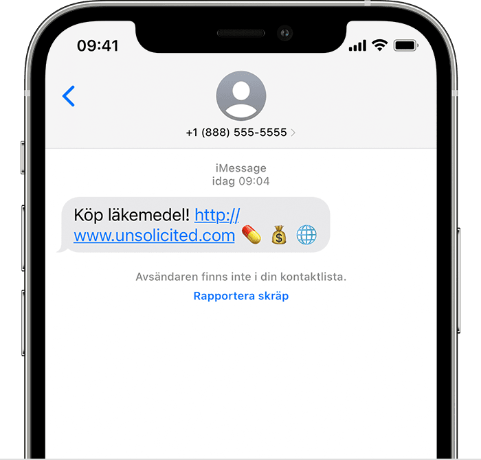 En iPhone som visar alternativet att rapportera ett iMessage-meddelande som skräp