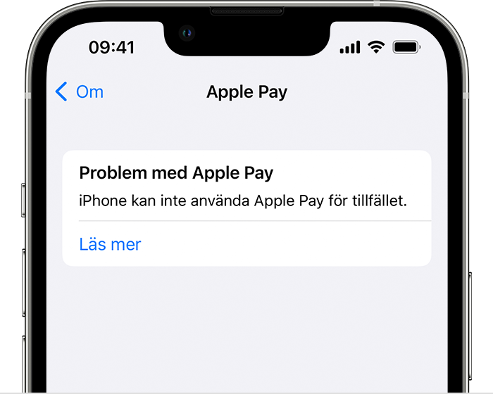 Felmeddelande om Apple Pay-problem på en iPhone som informerar användaren om att iPhone-enheten inte kan använda Apple Pay.