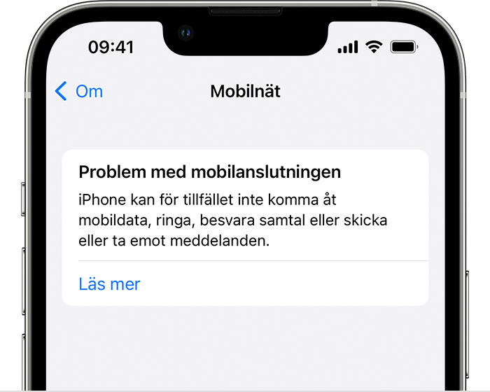 Felmeddelande om mobilnätsproblem på en iPhone som informerar användaren om att iPhone-enheten inte kan komma åt mobildata eller ringa och ta emot samtal eller meddelanden.