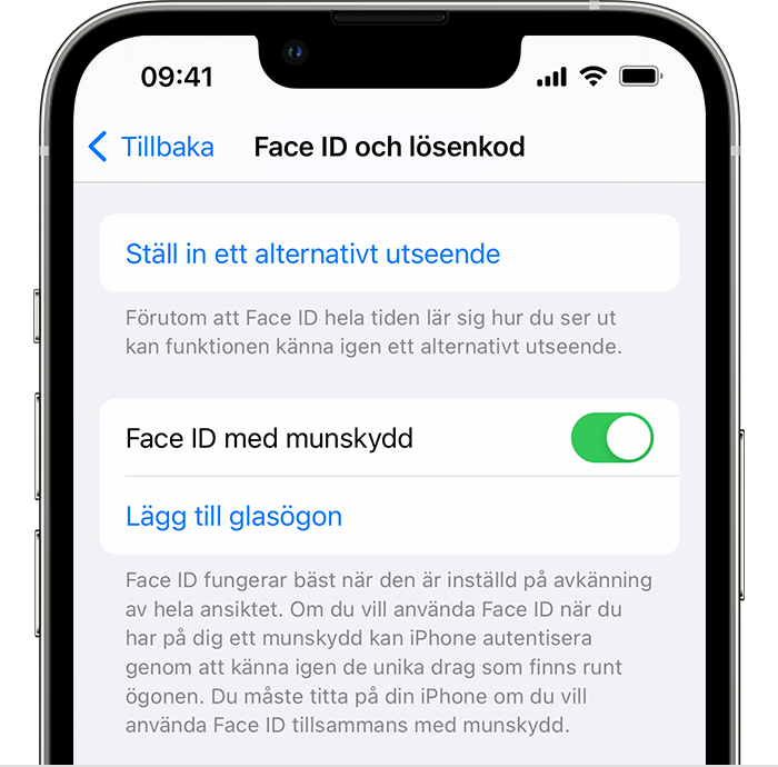 Om du använder iPhone 12 eller senare och iOS 15.4 eller senare finns det ett alternativ för att slå på Face ID med munskydd på sidan Face ID och lösenkod i Inställningar.