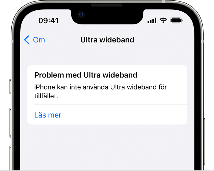 Felmeddelande om Ultra Wideband-problem på en iPhone som informerar användaren om att iPhone-enheten inte kan använda Ultra Wideband.
