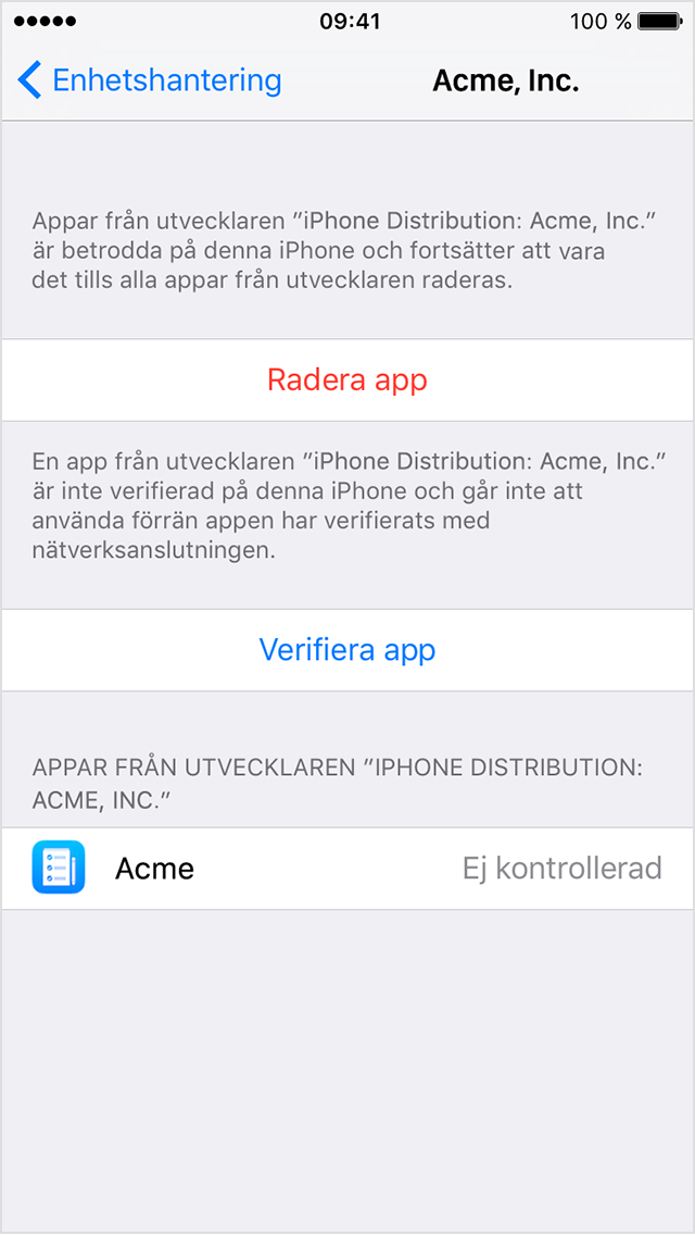  iPhone-skärm som visar ett meddelande om att verifiera att en företagsapp ska bli betrodd