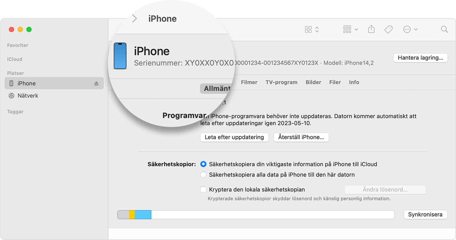 Skärmavbild av Finder-fönstret som visar iPhone-enhetens serienummer