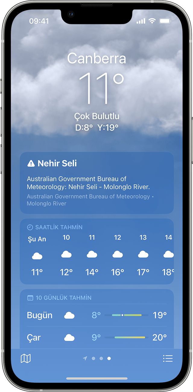 Hava Durumu uygulamasında sert hava şartlarıyla ilgili bilgileri gösteren iPhone.