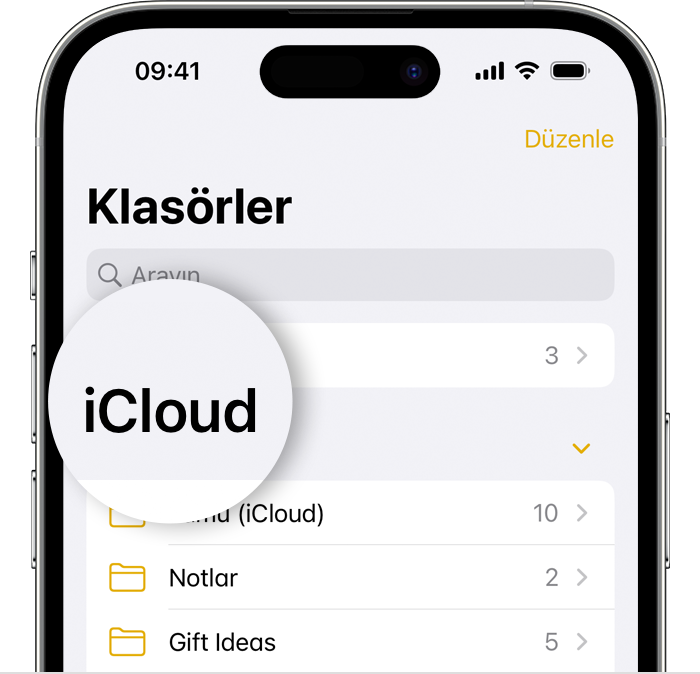 iCloud klasörünün vurgulandığı Notlar uygulamasındaki Klasörler ekranını gösteren iPhone