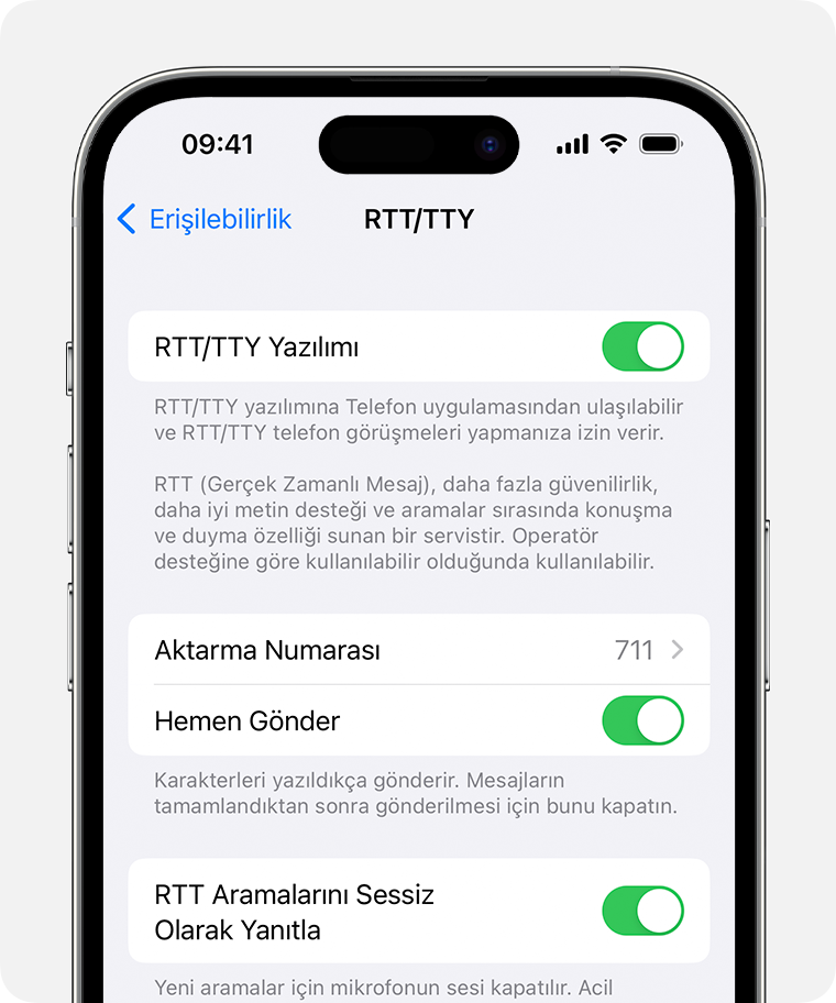 RTT/TTY seçeneğinin açık olduğu iPhone ekranı