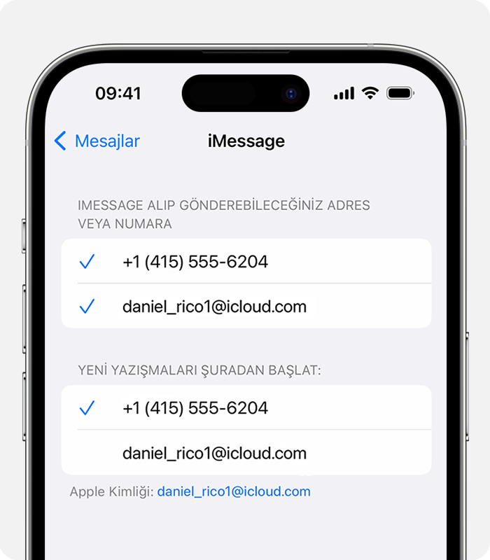 Ayarlar > Mesajlar > Gönder ve Al bölümünde, yeni yazışmalar için bir telefon numarası veya e-posta adresi kullanmayı seçebilirsiniz.