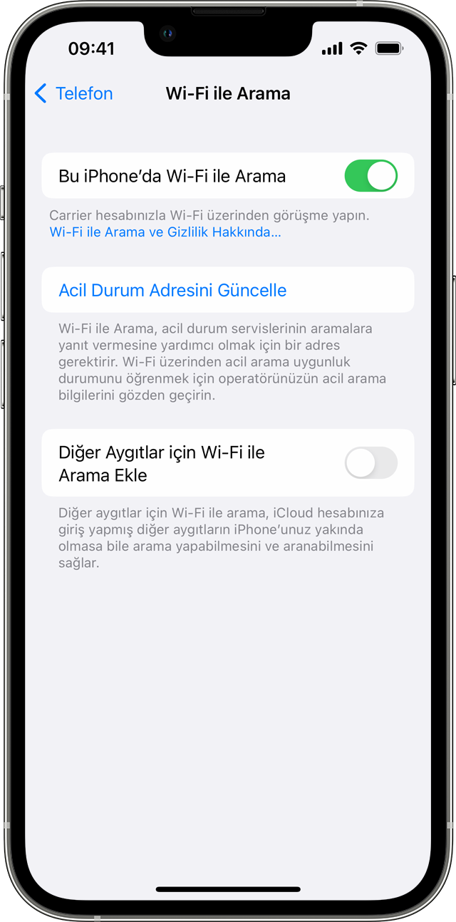Bu iPhone'da Wi-Fi ile Arama özelliğinin açık olduğu Wi-Fi ile Arama ekranını gösteren iPhone.
