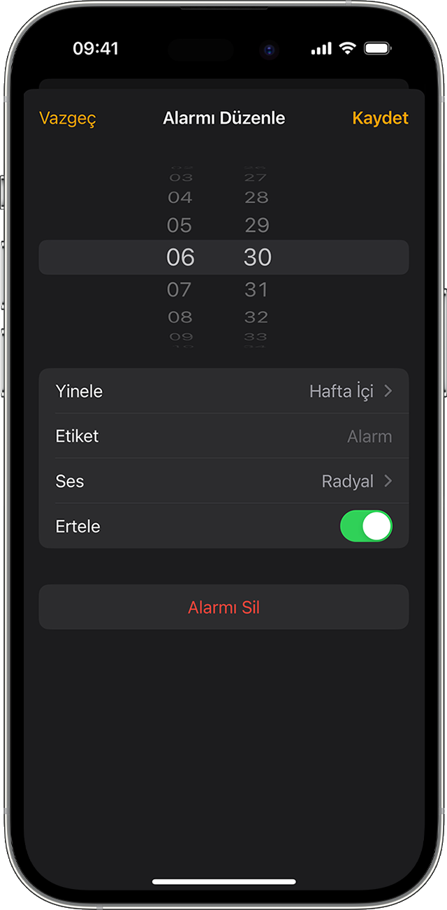 Saat uygulamasında iPhone'da bir alarmı düzenleyin.