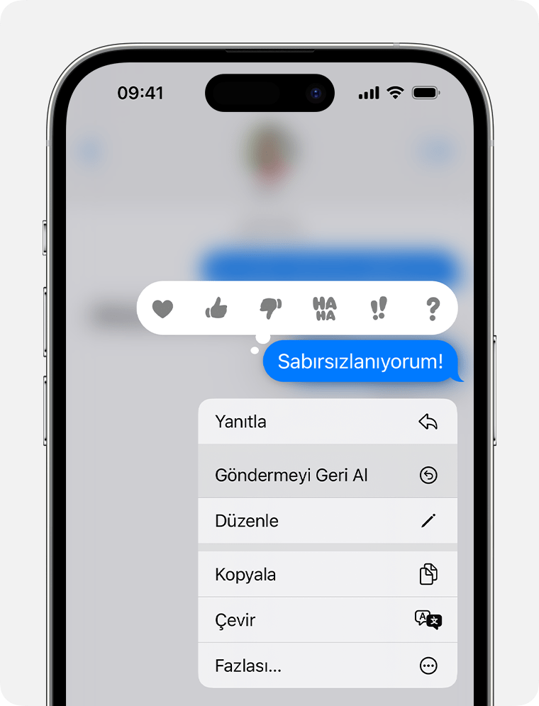 iOS 16 veya sonraki sürümlerinde Göndermeyi Geri Al seçeneğini görmek için mesaja dokunup basılı tutun.