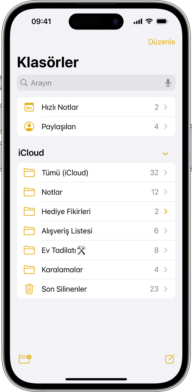 Notlar uygulamasında nasıl klasör oluşturulacağını gösteren iPhone.