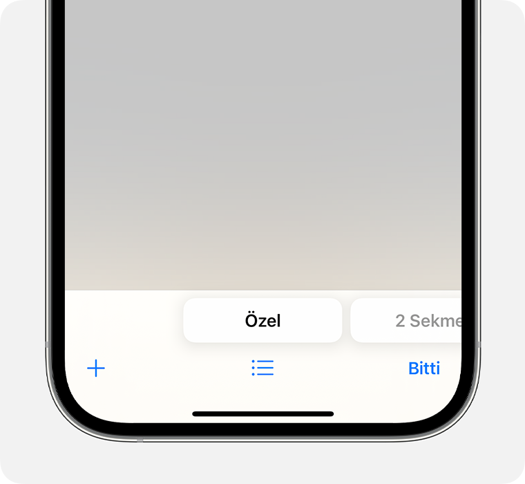 Özel sekme grubu seçili olarak Safari uygulamasını gösteren bir iPhone.