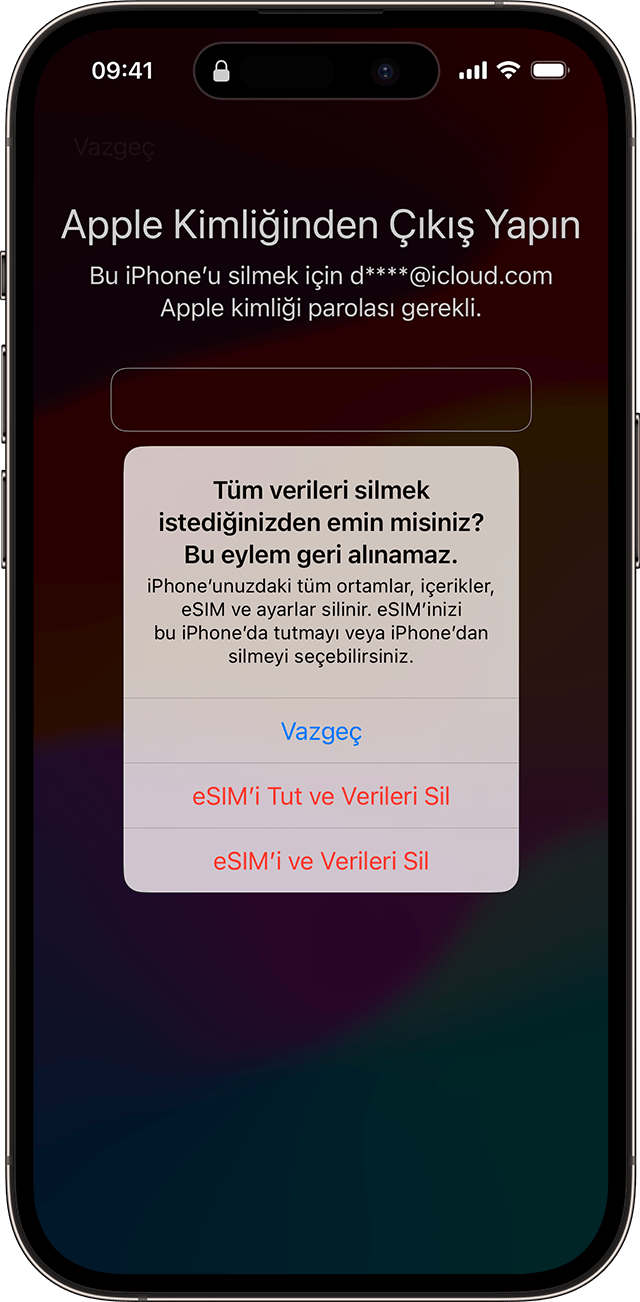 iOS 17 ve sonraki sürümlerde parolanızı sıfırlama işlemini gerçekleştirirken, eSIM'inizi saklamayı veya silmeyi seçebilirsiniz.