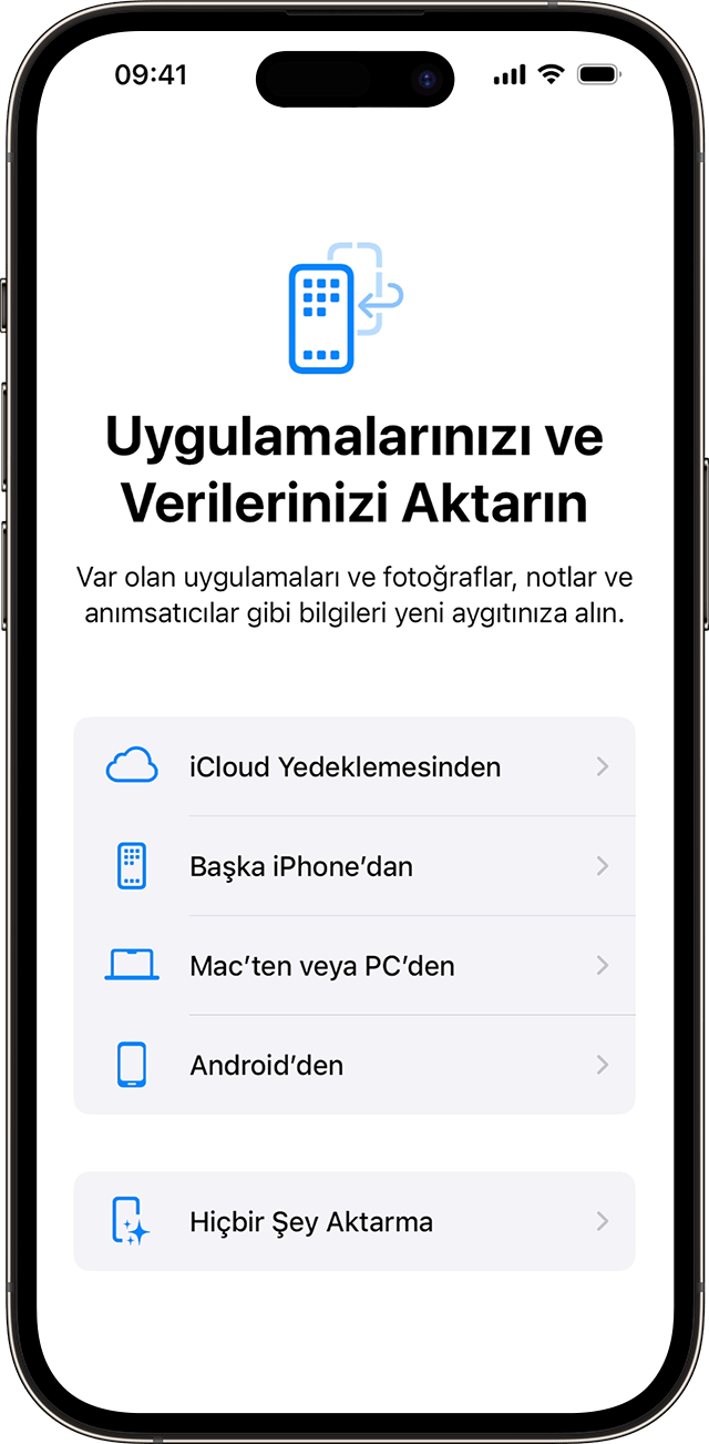 iOS 17'de bir iPhone'u ayarlarken Uygulamalarınızı ve Verilerinizi Aktarın seçenekleri
