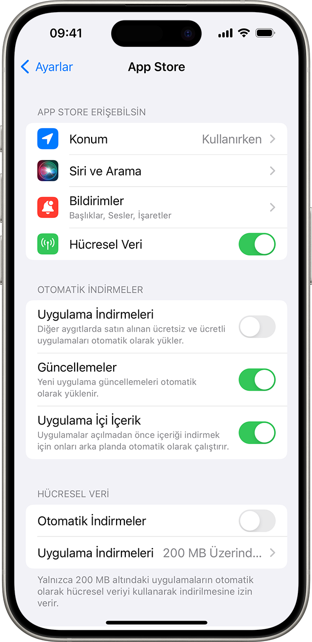 Ayarlar'da, Uygulama Güncellemeleri dahil olmak üzere App Store seçeneklerini gösteren iPhone.