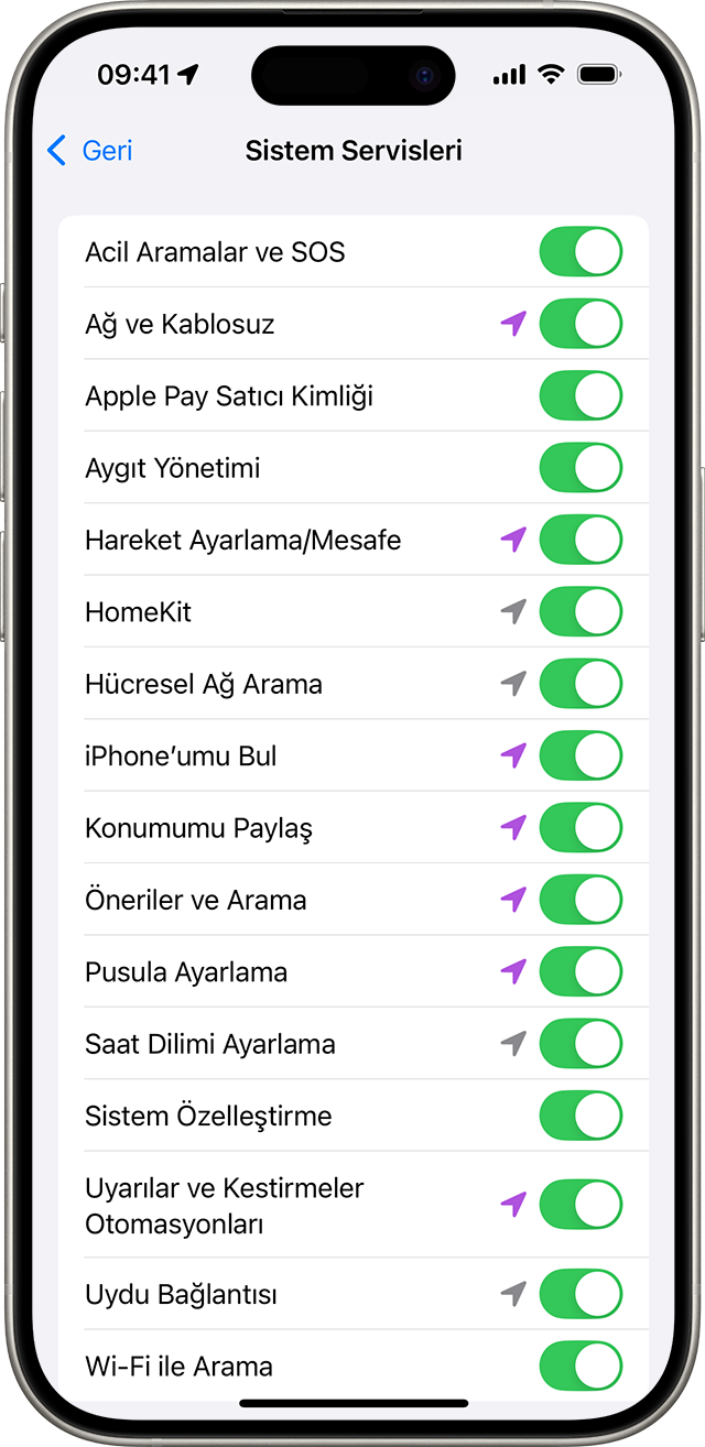 iPhone'daki Sistem Servisleri ayarı