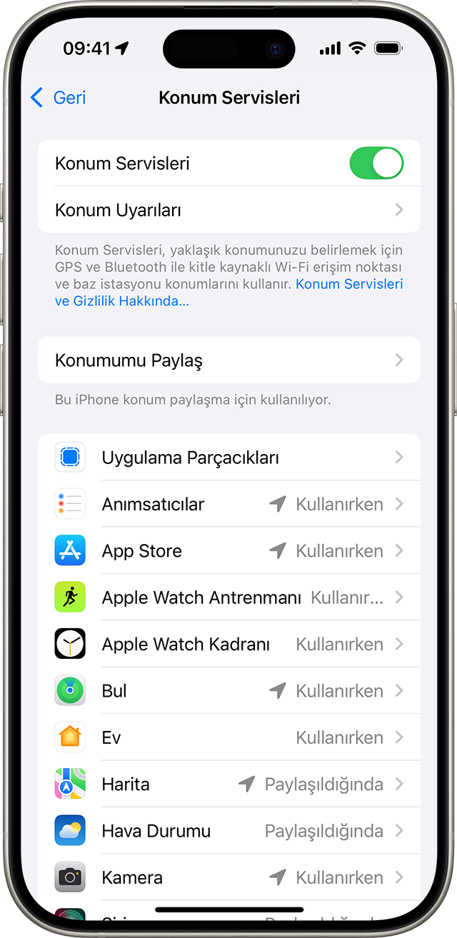 iPhone'daki Konum Servisleri ayarı