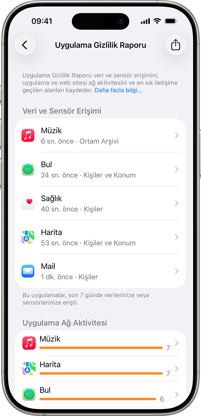 Son yedi gün içinde verilere, aygıt sensörlerine ve ağa erişen uygulamaların listesini içeren Uygulama Gizlilik Raporu'nun genel görünümü.