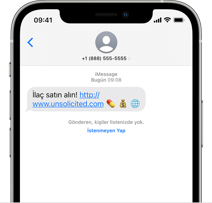 Bir iMessage'ı istenmeyen olarak bildirme seçeneğini gösteren iPhone