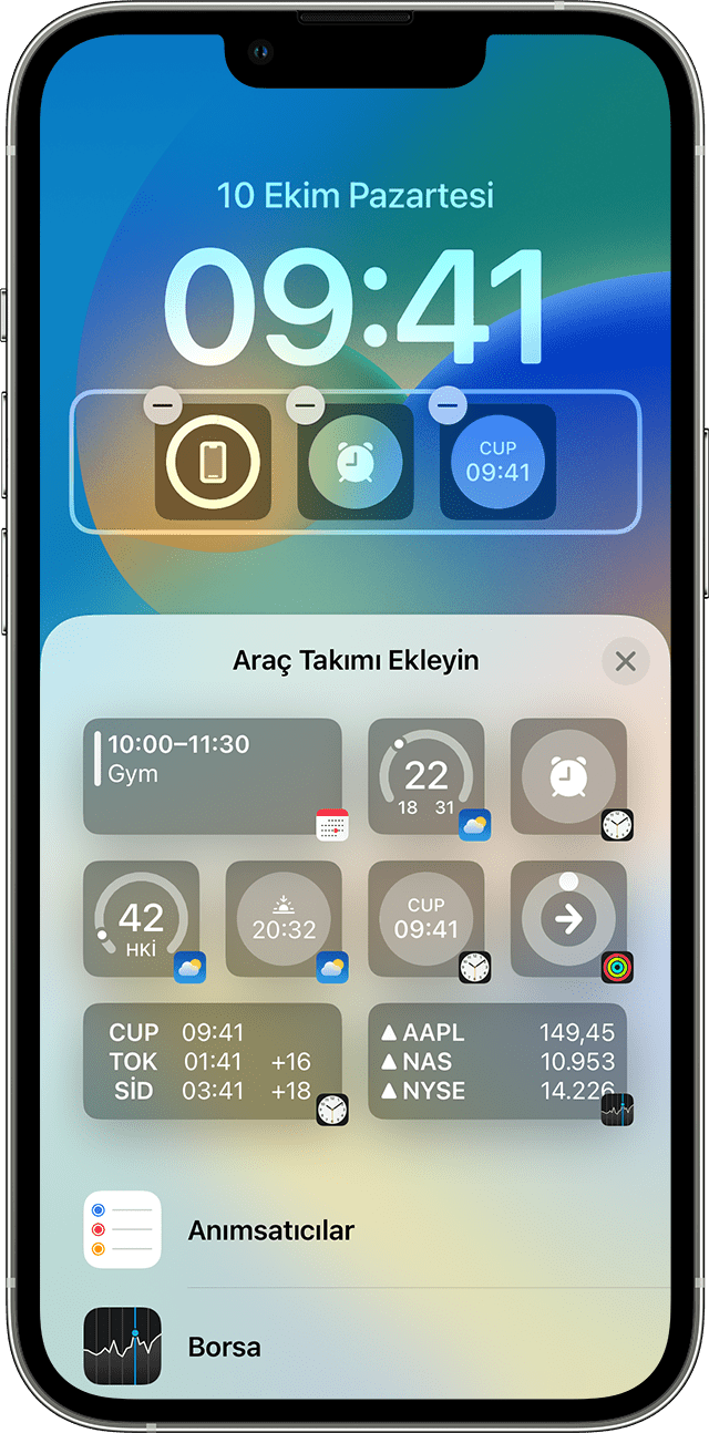 Kilit Ekranına araç takımı eklemenin gösterildiği bir iPhone ekranı