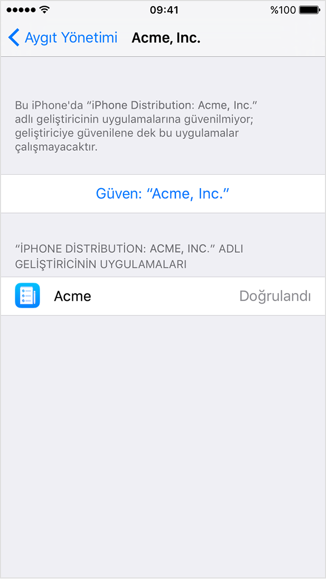  Bir Kurumsal uygulamaya güvenme istemini gösteren iPhone ekranı