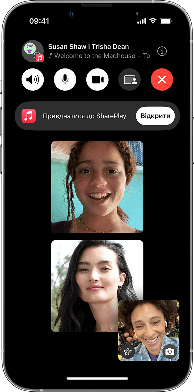 Екран iPhone, на якому відображається параметр «Приєднатися до SharePlay» у вікні виклику FaceTime.