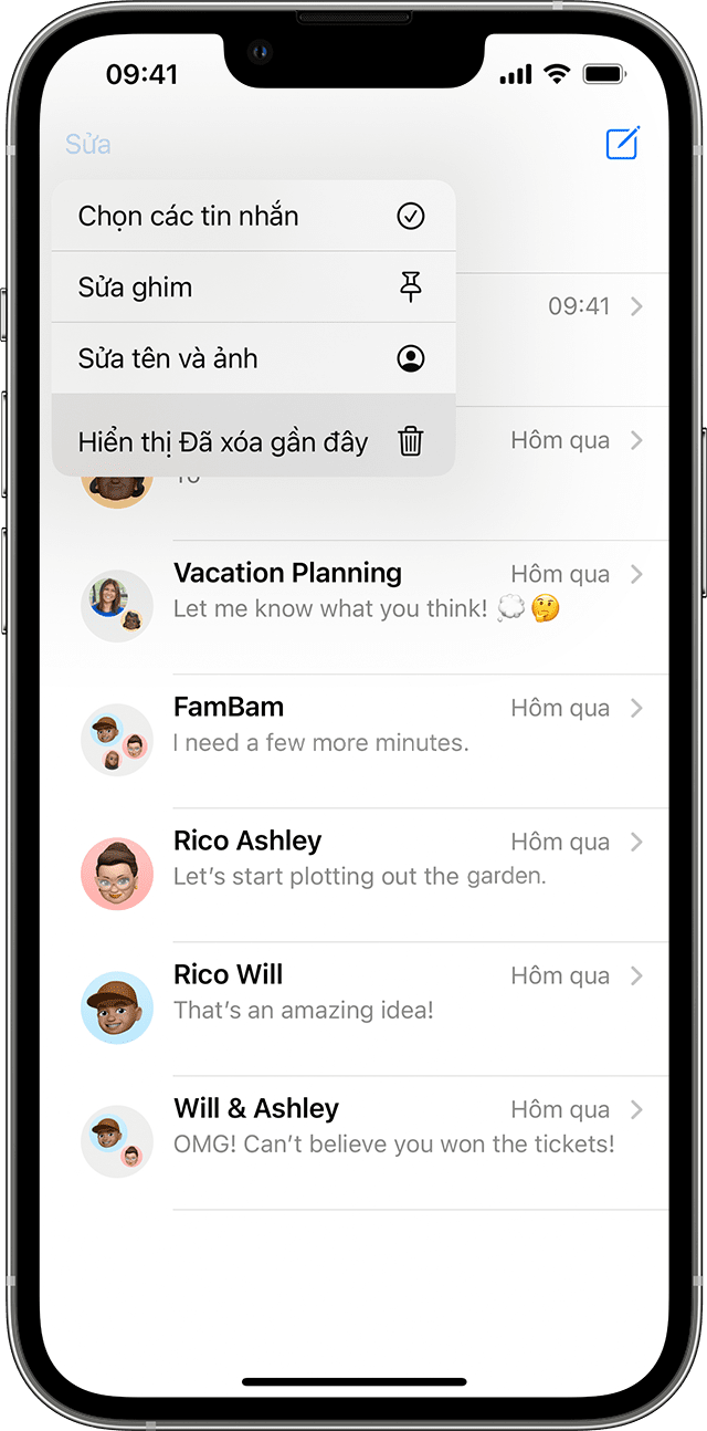 Trên trang cuộc hội thoại trong ứng dụng Tin nhắn, hãy chạm vào Sửa để tìm tùy chọn hiển thị các tin nhắn đã xóa gần đây.