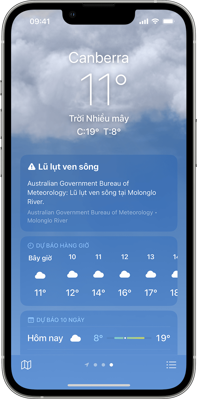 iPhone đang hiển thị thông tin thời tiết nguy hiểm trong ứng dụng Thời tiết.