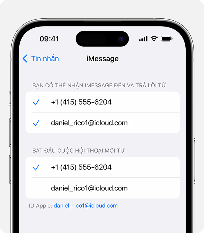 Trong phần Cài đặt > Tin nhắn > Gửi & nhận, bạn có thể chọn dùng số điện thoại hoặc địa chỉ email để bắt đầu cuộc hội thoại mới.
