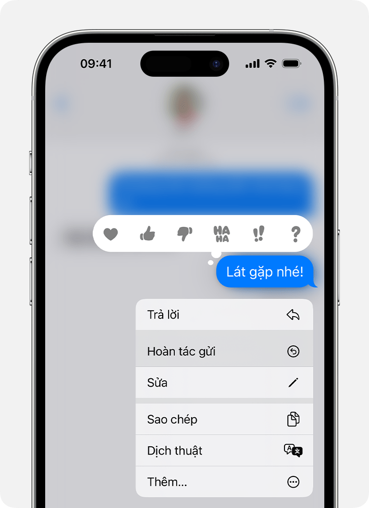 Chạm và giữ một tin nhắn trong iOS 16 trở lên để thấy tùy chọn Hoàn tác gửi.