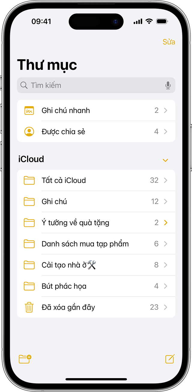 iPhone hiển thị cách tạo thư mục trong ứng dụng Ghi chú.
