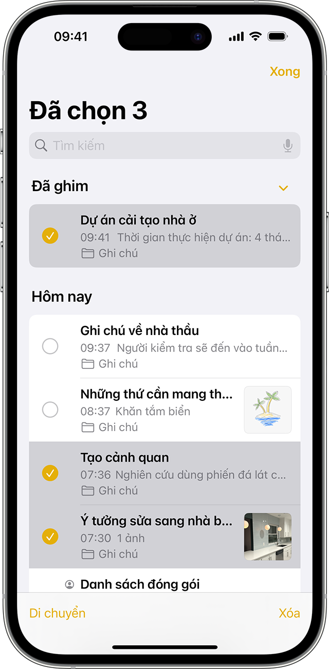 iPhone hiển thị cách di chuyển ghi chú sang thư mục khác trong ứng dụng Ghi chú.