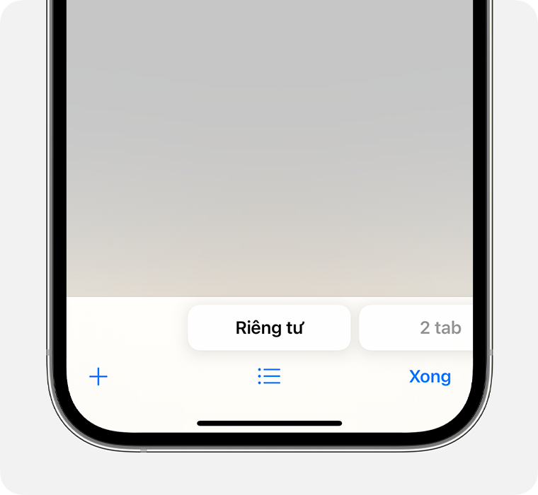 iPhone hiển thị ứng dụng Safari với nhóm tab Riêng tư được chọn.